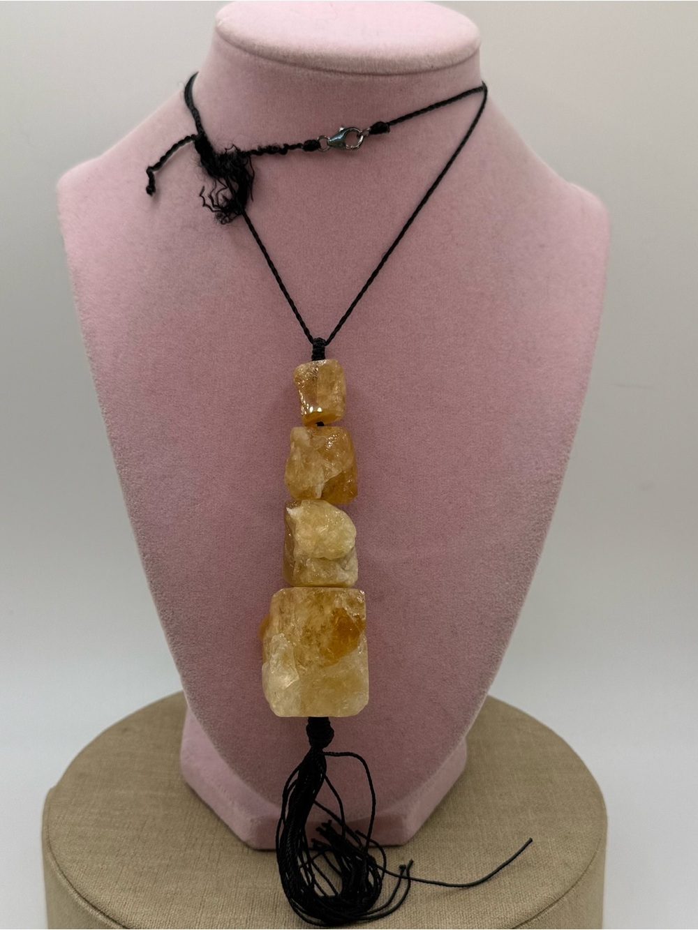 Natural Citrine Raw Stone Pendant Necklace in Yellow on Black Cord